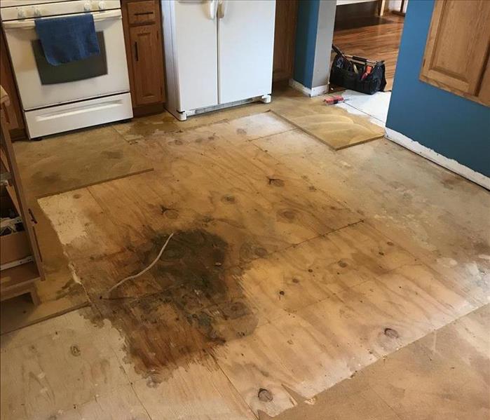 Kitchen floor with only baseboards and a dark stain.