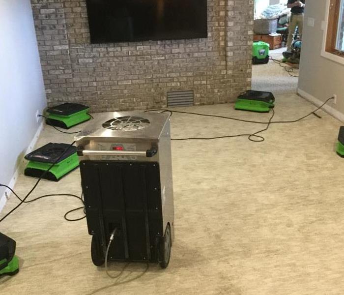Six green air movers on a living room floor. 